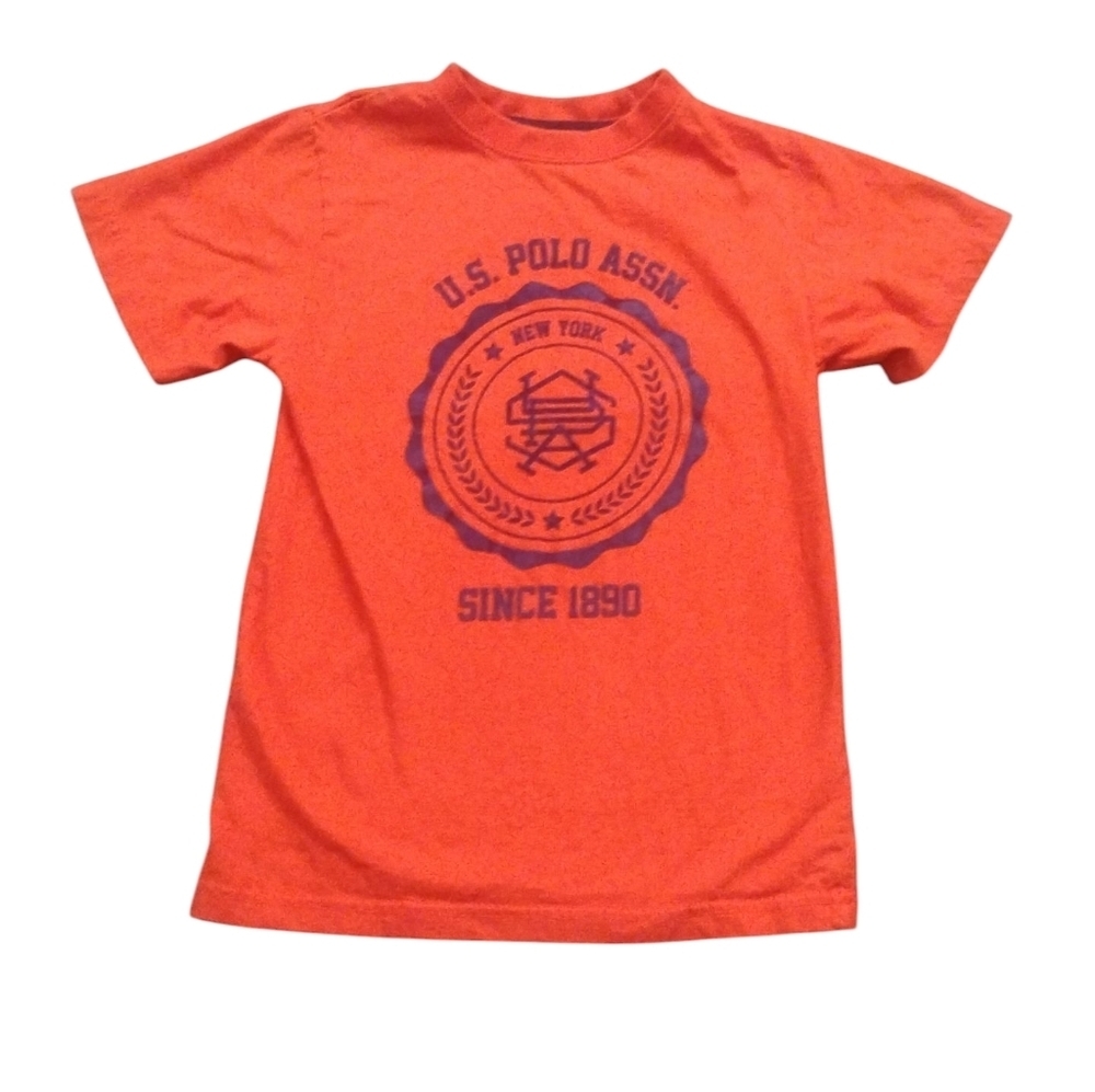 US Polo Assn Orange W Blue Letters Boys T Shirt SZ 8
